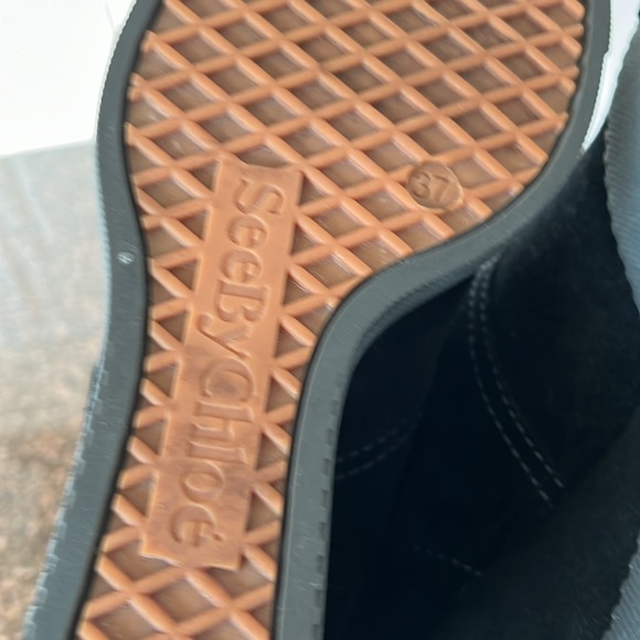 SEE BY CHLOE LADIES BLACK SUEDE WEDGE TIE BOOTIES-7-EUC - Picture 9 of 10